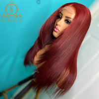 Burgundy Color Human Remy Hair Straight 13x6 Transparent Lace Front Wig Blunt Cut Ombre Color - Divine Diva Beauty