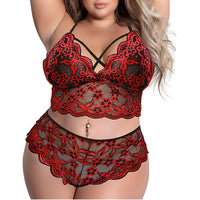 Plus Size Lingerie Set Embroidery Lace Bra And Thongs Underwear Set Perspective Mesh Floral Erotic Lingerie Sexy - Divine Diva Beauty