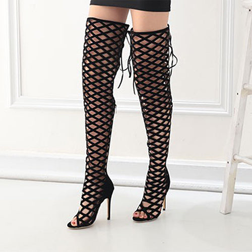 Thigh High Gladiator Sandals Boots Women Sexy Peep Toe Netted Cut-out Over Knee Gladiator Boots High Heel Sandal Boots - Divine Diva Beauty